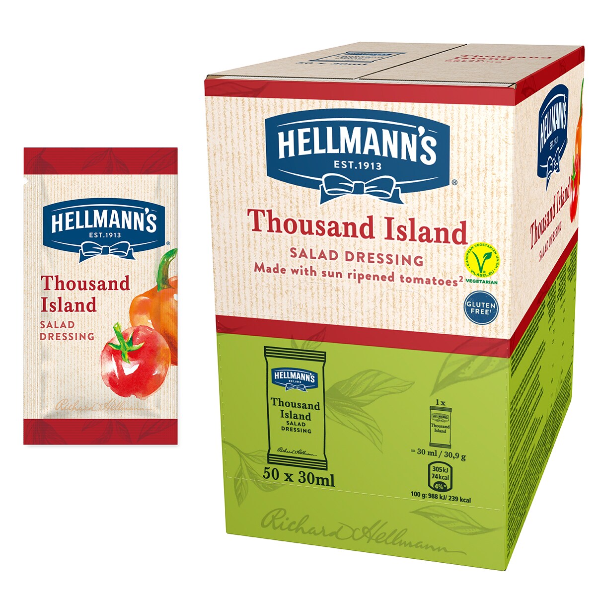 Hellmann's 1000 Island salatni preljev s rajčicama sazrelim na suncu - Hellmann’s salatni preljevi, idealni za poboljšanje okusa vaših salata u prigodnom porcijskom pakiranju.