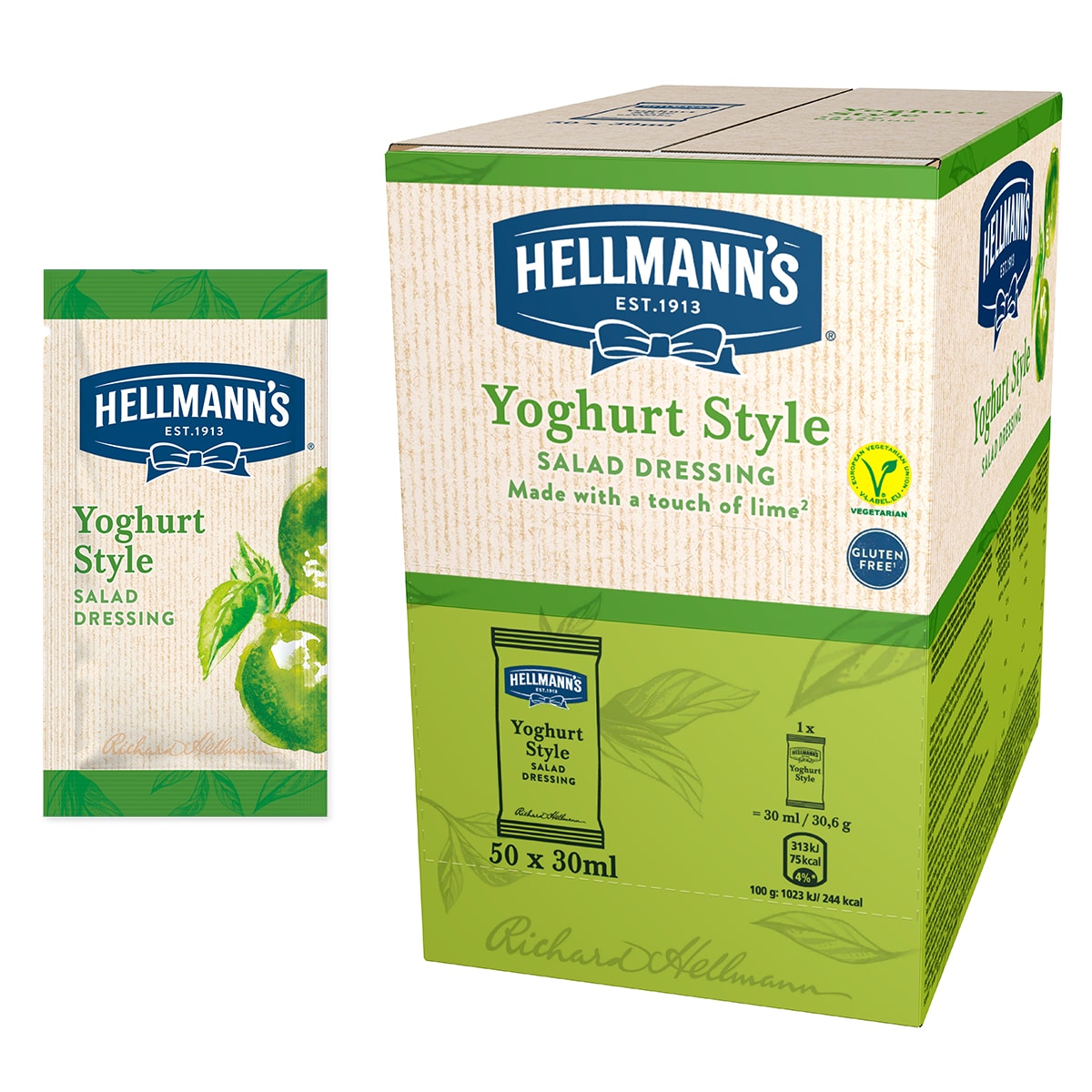 Salatni preljev s okusom jogurta i limete - Hellmann’s salatni preljevi, idealni za poboljšanje okusa vaših salata u prigodnom porcijskom pakiranju.